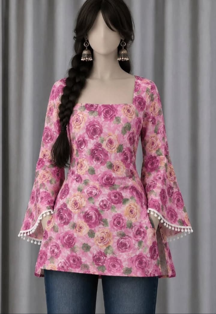 Roselle Pink Bell Sleeve Short Kurti