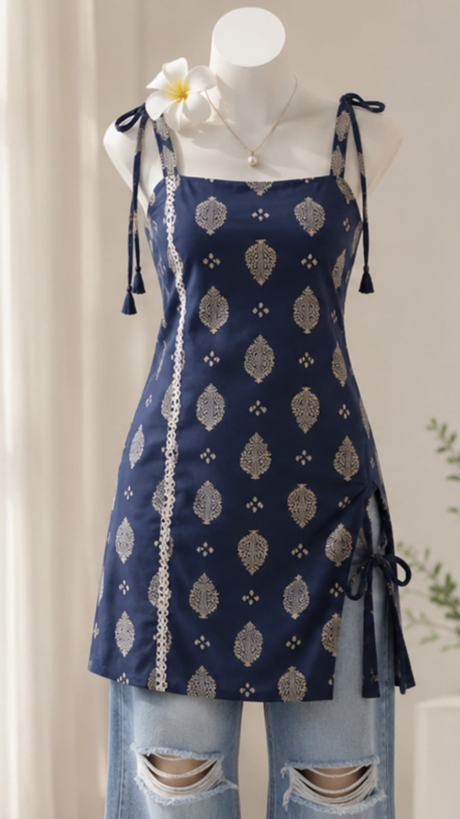 Navy Dori Tie Sleeveless Short Kurti