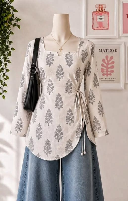 Ivory Angrakha Tie-Up Short Kurti