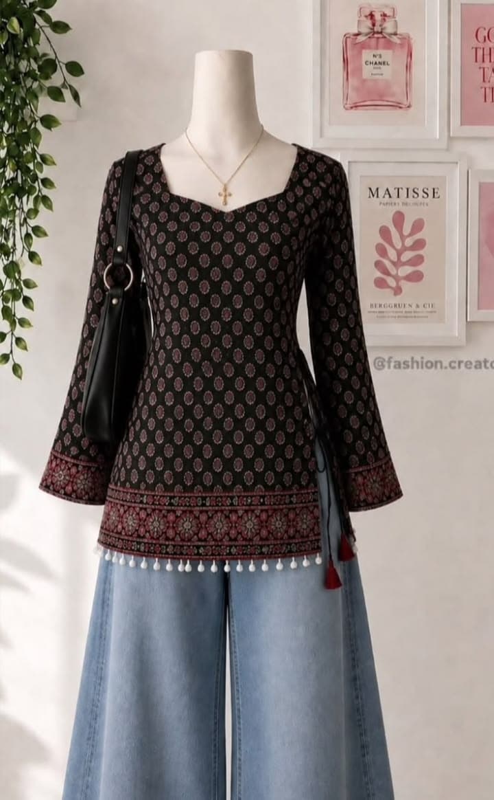 Black Maroon Border Short Kurti