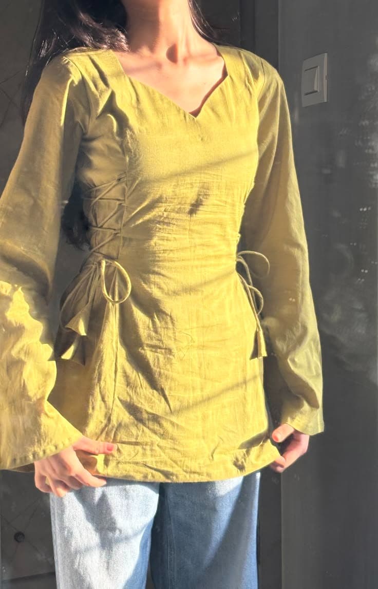 Olive Lace-Up Cotton Short Kurti