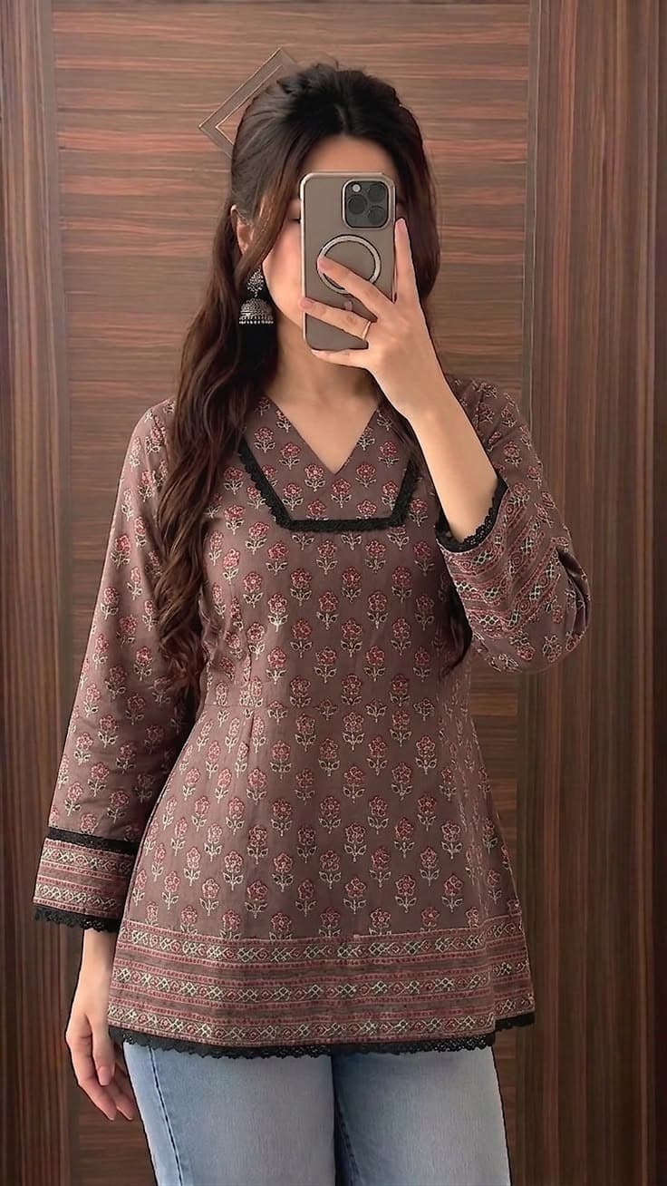 Mocha Printed Peplum Short Kurti