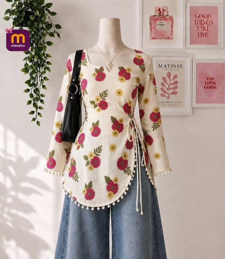 Ivory Floral Pom-Pom Short Kurti