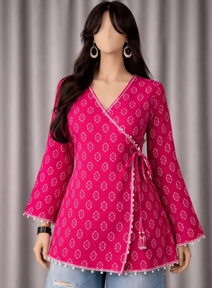 Fuchsia Wrap Bell Sleeve Short Kurti