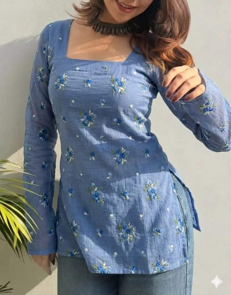 Sky Blue Embroidered Short Kurti